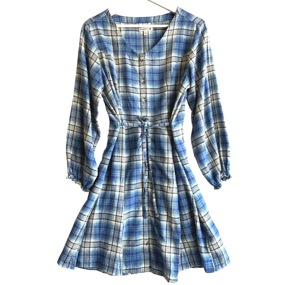 Toad&Co Womens Blue Plaid Button Front Tie Waist Dress Long Sleeve Size L